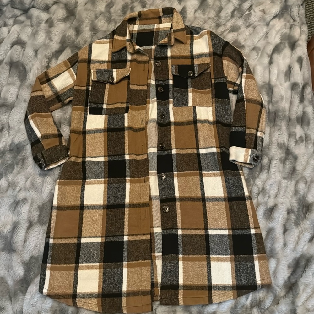 Long Plaid Coatigan, Size M